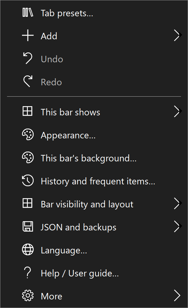 The bar menu. Help / User guide opens this manual.