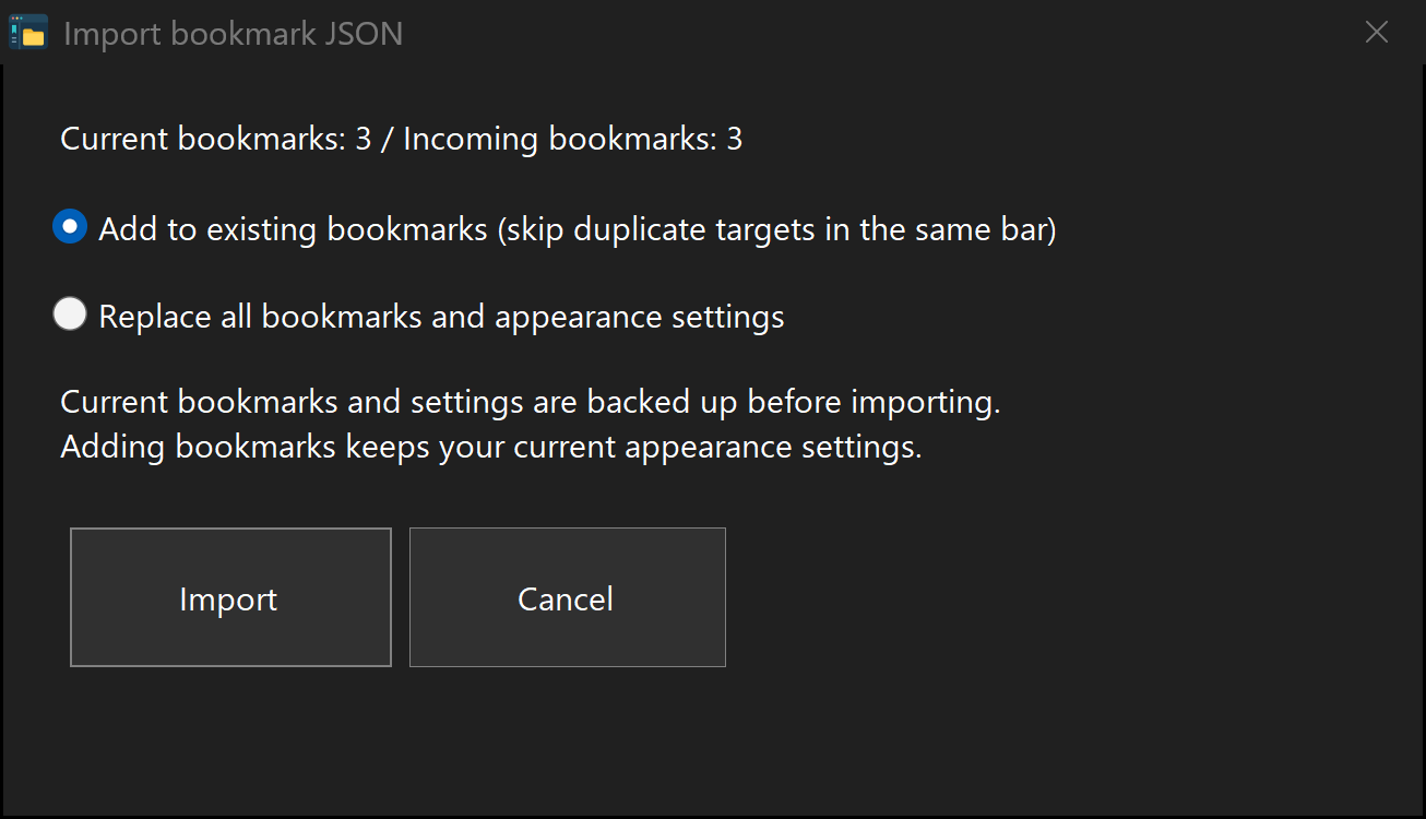 Choose Add or Replace before importing.