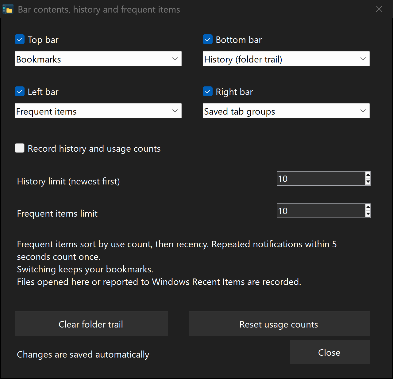 Set visibility, content modes and history/frequent limits together.