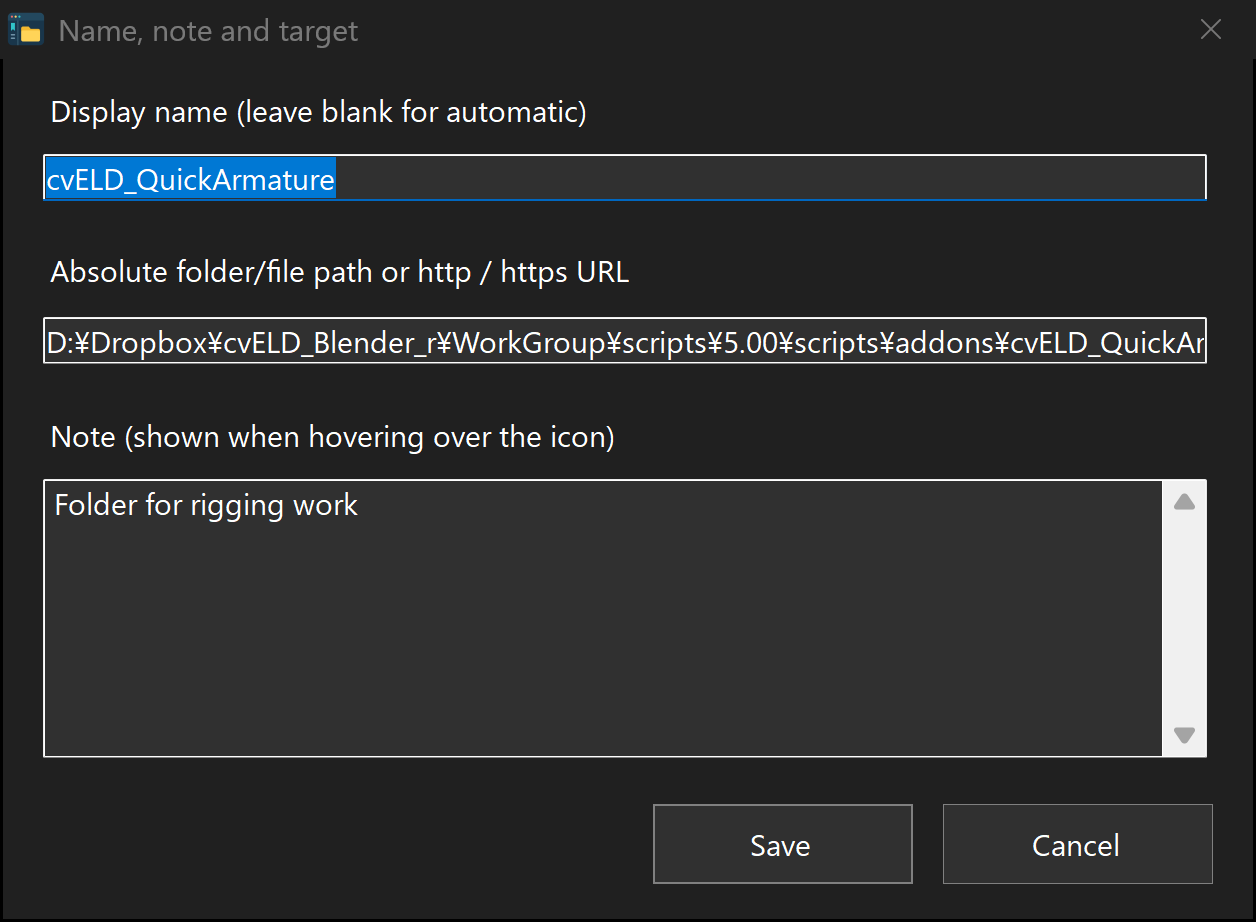 Edit the display name, note and target. Notes also appear in the hover tooltip.