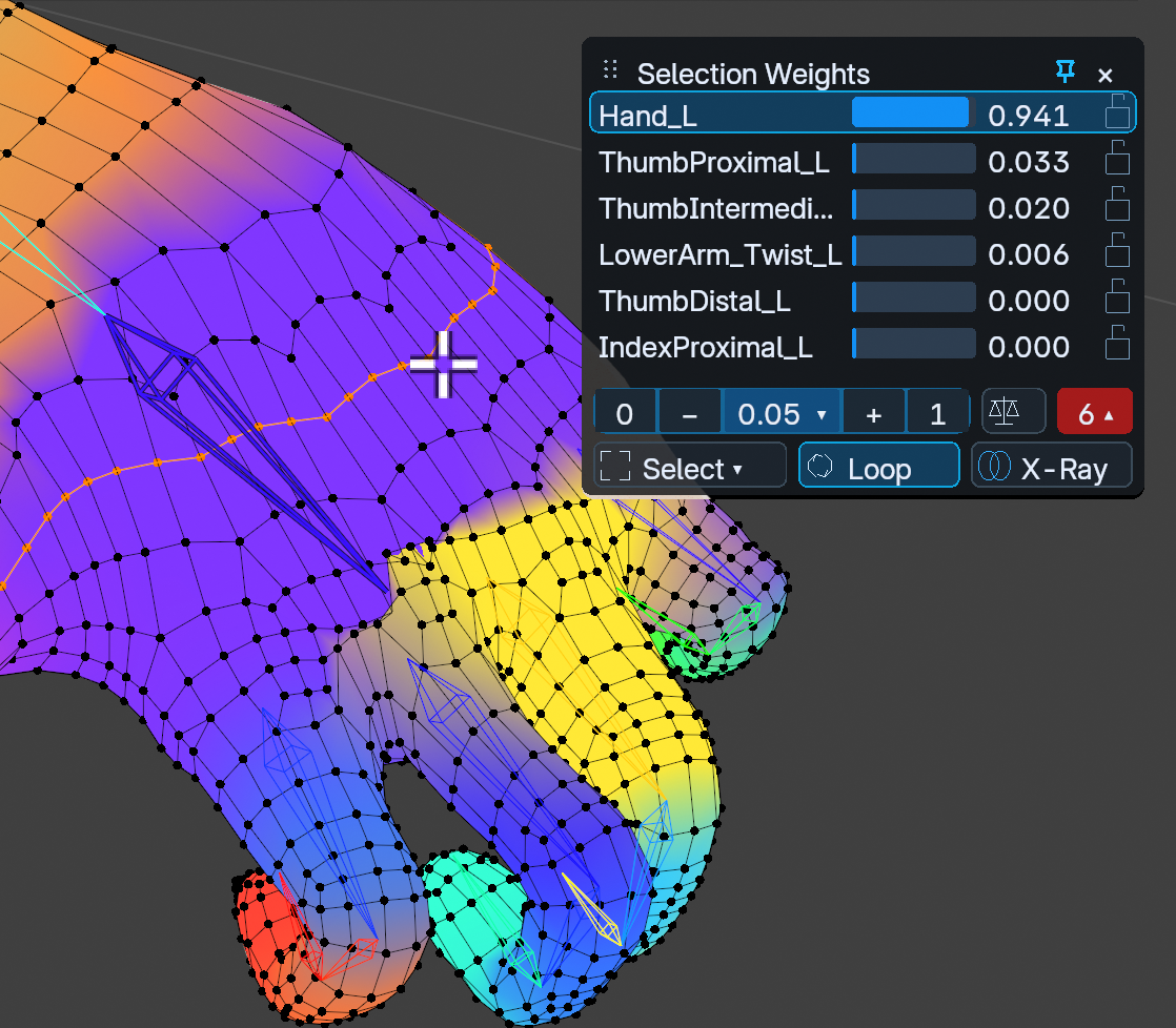Compact Selection Weights editor beside selected hand vertices