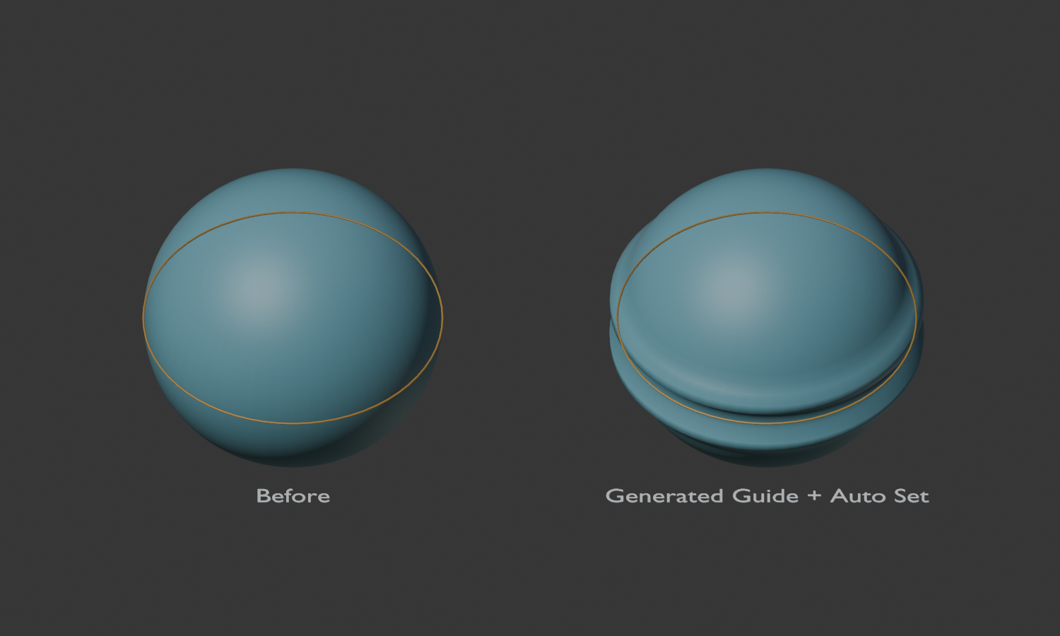 An automatically generated guide loop creates a crease and adjacent bulge on a sphere