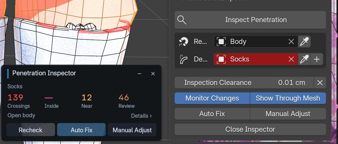 Penetration Inspector showing crossings, near and review results on socks, with Auto Fix and Manual Adjust controls