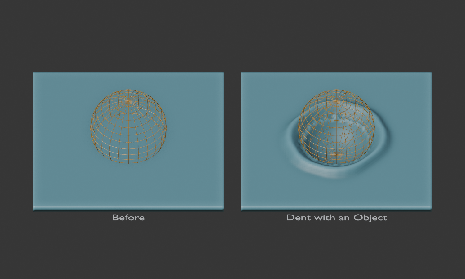 Before and after a sphere presses into a surface with an automatically sized raised rim