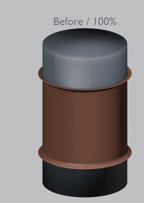 Animated still comparison: before fix at 100 percent, after fix at 100 percent, and after fix at 50 percent shell thickness